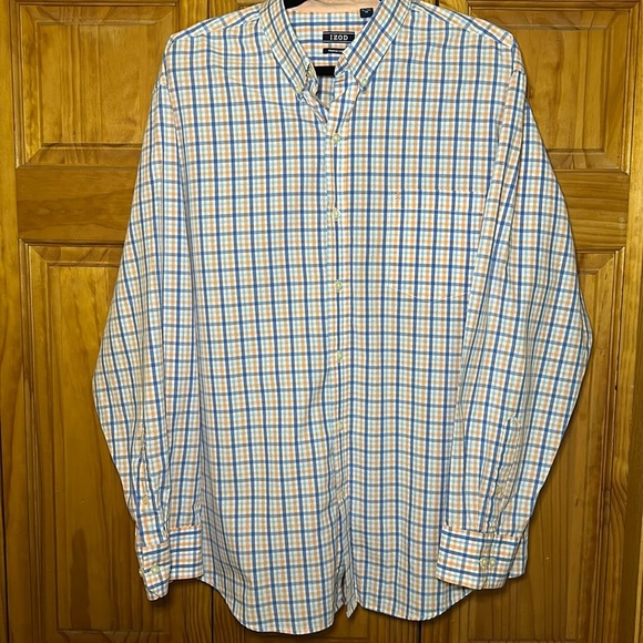 Men's Izod Long Sleeve Blue and Orange Plaid Button Down Shirt Size XL - Picture 1 of 10